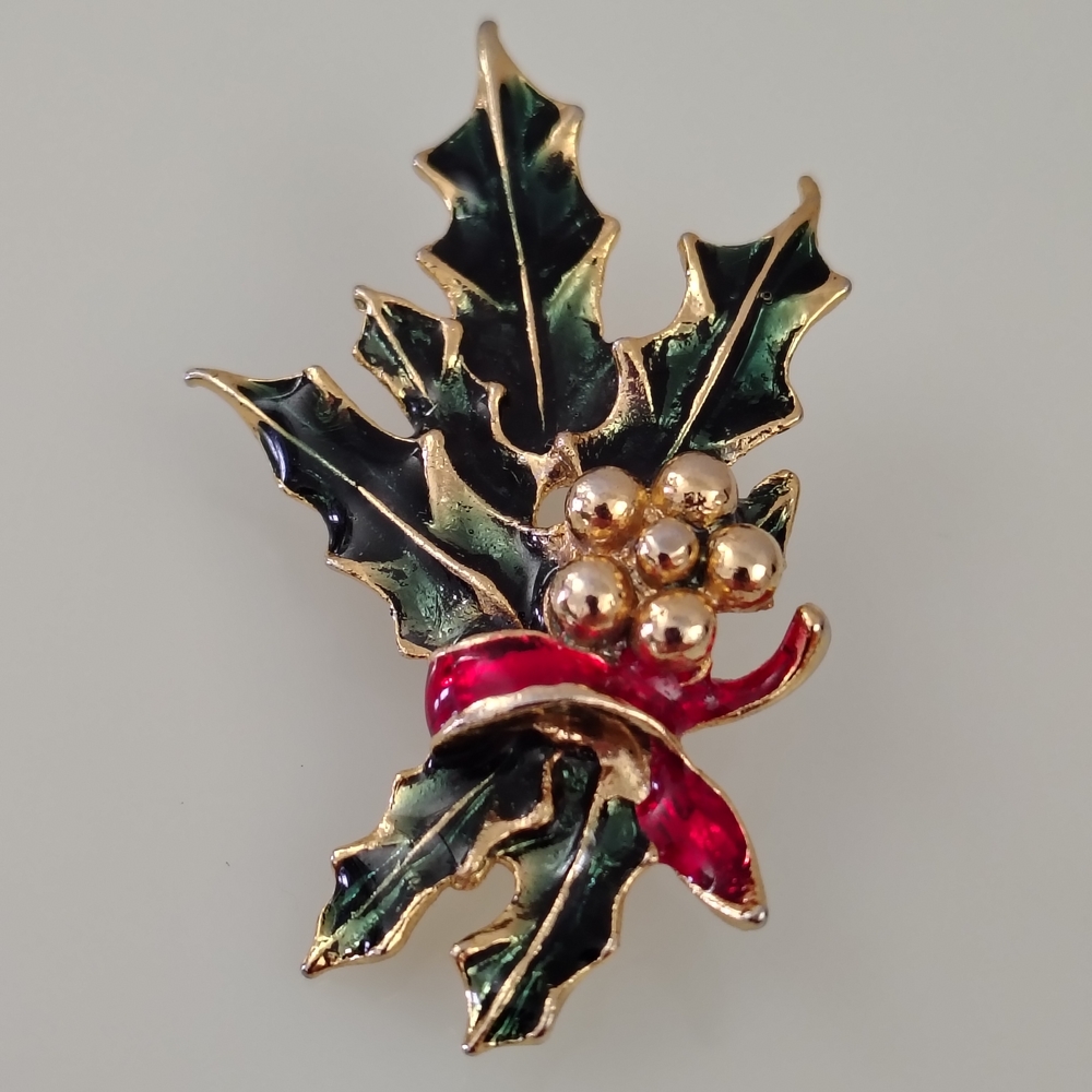 Gold and Red Holly Leaf Brooch